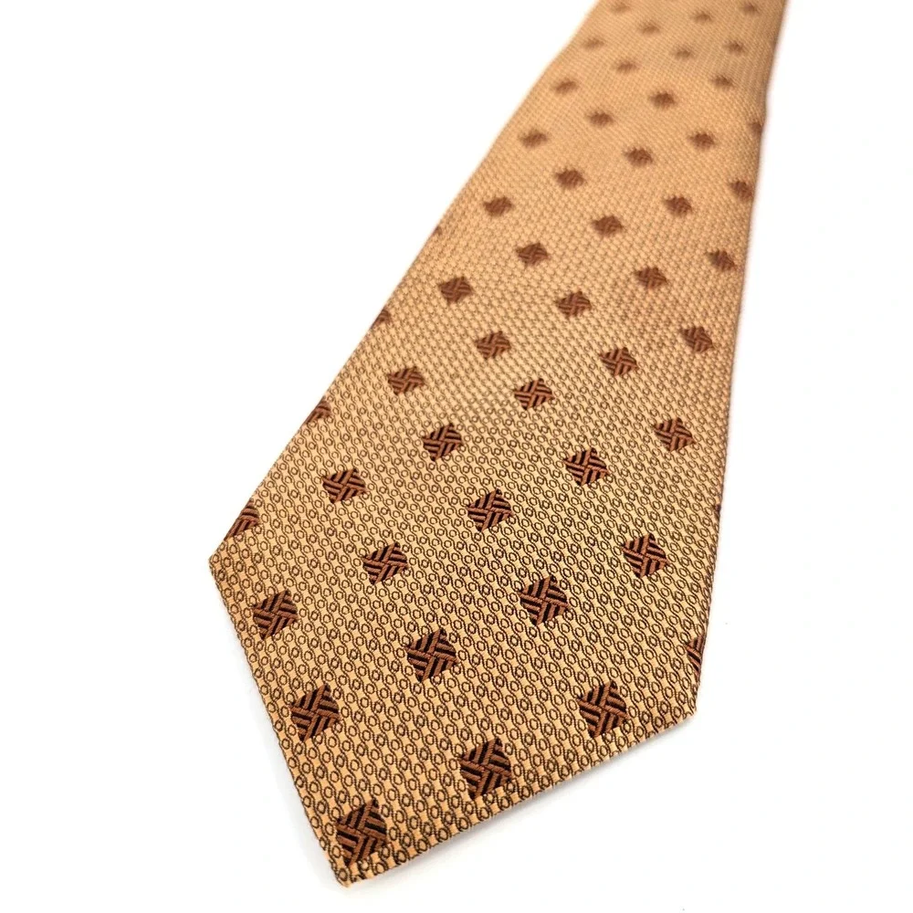 Kiton Napoli Silk Tie Gold Brown Geometric Square Pattern Made in Italy